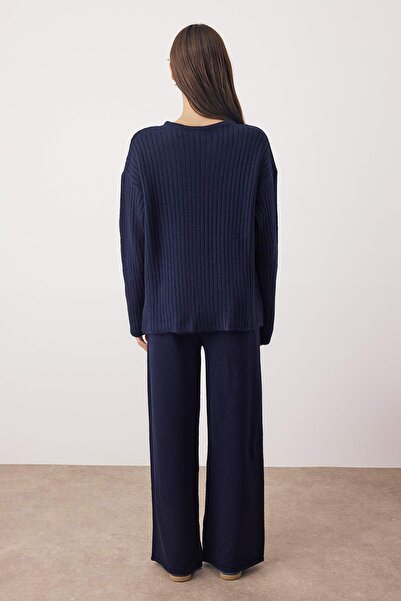 Trendyol Collection Sötétkék fűzős részletes pulóver-nadrág kötöttáru alsó - felső szett TWOAW26AU00044