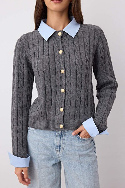 Trendyol Collection Anthracite Combined Hair Knitwear Cardigan Twoaw26Hi00260