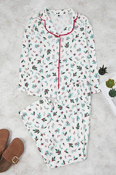 Trendyol Curve Ecru 100% Cotton Floral Piping Knitted Pajamas Set Tbbaw26Ai00015