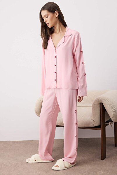 Trendyol Collection Pink Ribbon/Bow Embroidery Detailed Viscose Woven Pajama Set Thmaw26Pt00089