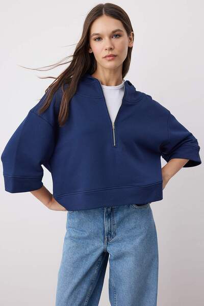 Trendyol Collection Navy Blue Hooded Zipper Detailed Three Quarter Sleeve Thick Knitted Sweatshirt Twoaw26Sw00024