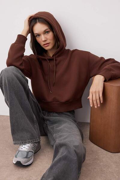 Trendyol Collection Brown Thick Fleece Inside Hooded Comfortable Cut Crop Basic Knitted Sweatshirt TWOAW24SW00105