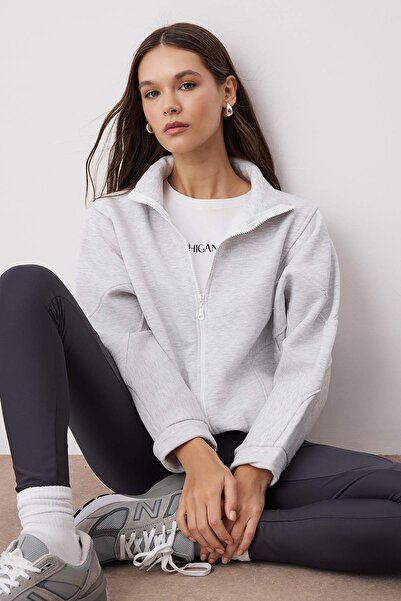 Trendyol Collection Snow Melange Zipper Stitching Detail Stand Collar Bomber Knitted Sweatshirt Twoaw26Sw00037