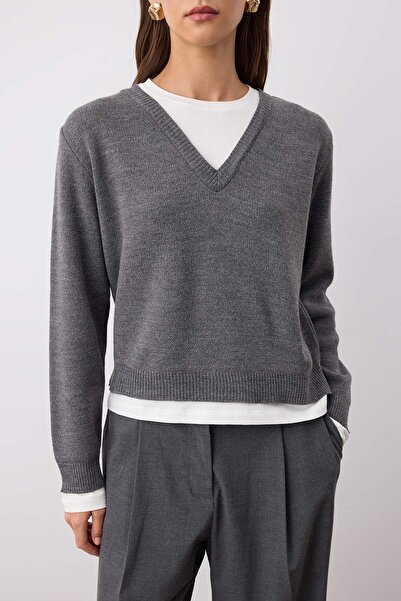 Trendyol Collection Anthracite Collar and Hem Garni Detailed Knitwear Sweater Twoaw26Kz00246