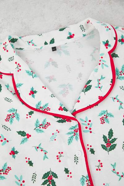 Trendyol Curve Ecru 100% Cotton Floral Piping Knitted Pajamas Set Tbbaw26Ai00015