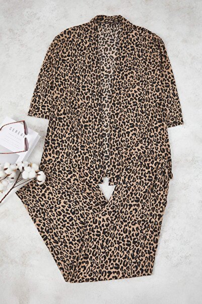 Trendyol Curve Brown Printed Relaxed Fit Stretchy Kimono Knitted Plus Size Bottom-Top Set