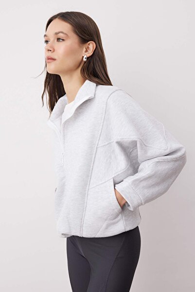 Trendyol Collection Snow Melange Zipper Stitching Detail Stand Collar Bomber Knitted Sweatshirt Twoaw26Sw00037