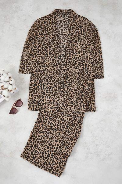 Trendyol Curve Brown Printed Relaxed Fit Stretchy Kimono Knitted Plus Size Bottom-Top Set