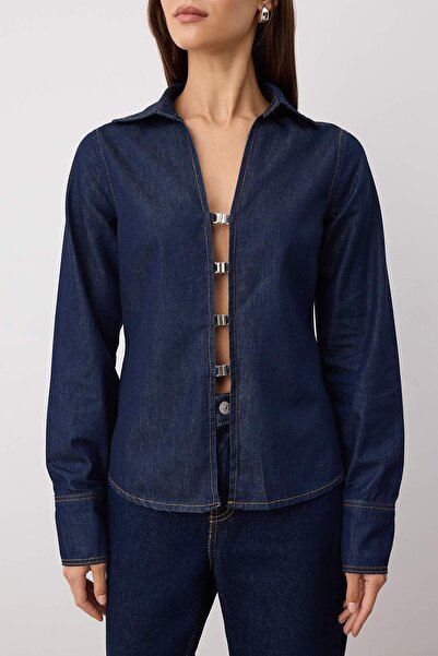 Trendyol Collection Sötétkék zárás részletesen illeszkedő farmer ing TWOAW26GO00032