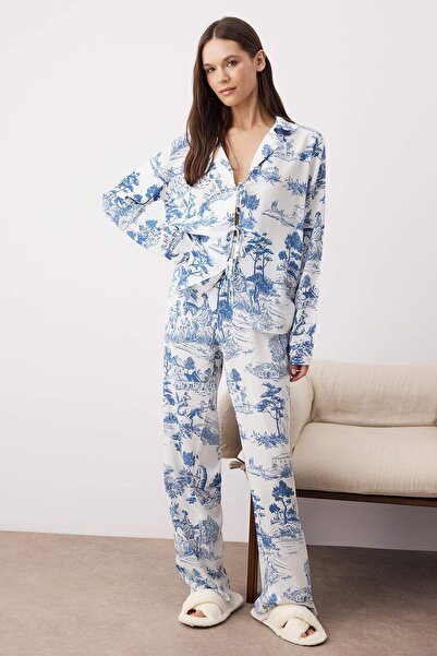 Trendyol Collection Blue-Multicolor Printed Binding Detailed Viscose Woven Pajamas Set Thmaw26Pt00148