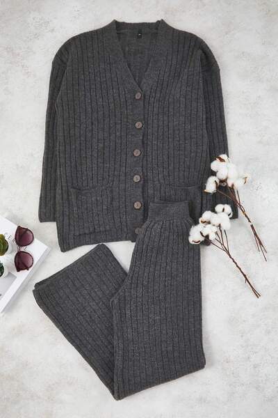Trendyol Curve Anthracite Button Detailed Knitwear Bottom - Top Set Tbbaw26Cp00009