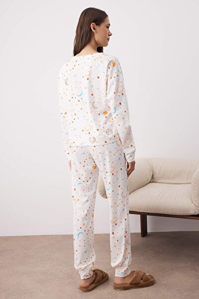 Trendyol Collection Ecru 100% Cotton Galaxy Patterned Knitted Pajama Set Thmaw21Pt0794