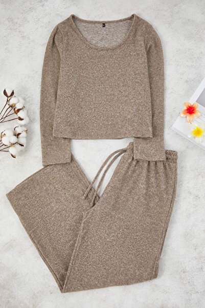 Trendyol Curve Brown Yumoş Crop and Wide Leg/Wide Leg Knitted Bottom Top Set Tbbaw26Cp00005