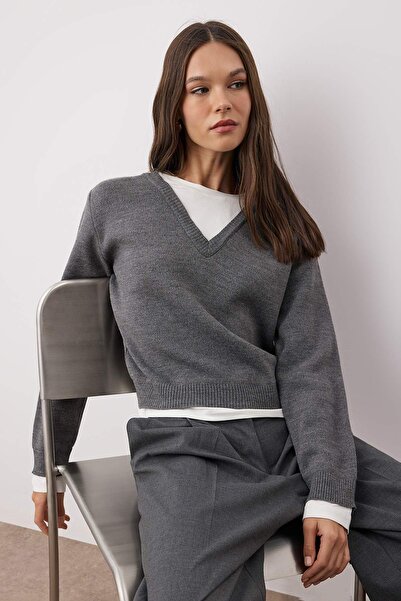Trendyol Collection Anthracite Collar and Hem Garni Detailed Knitwear Sweater Twoaw26Kz00246