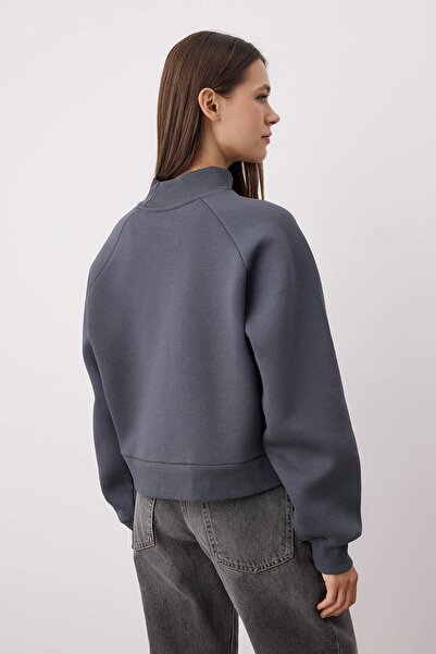 Trendyol Collection Anthracite Raglan Sleeve Oversize/Wide Fit Thick Fleece Lined Knitted Sweatshirt Twoaw26Sw00150