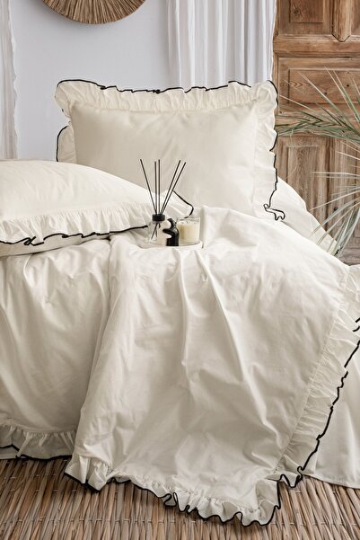 BESTİNA GOLD Double Duvet Cover Set 100% Cotton Ornamental Overlocked Ruffles