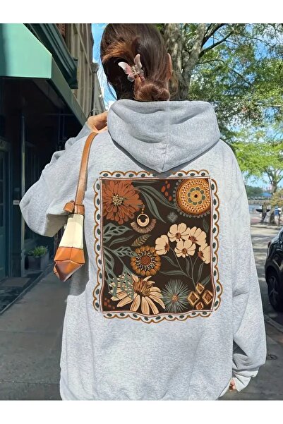 FUFLUNS سويت شيرت كبير الحجم مطبوع بتفاصيل نمط الزهرة