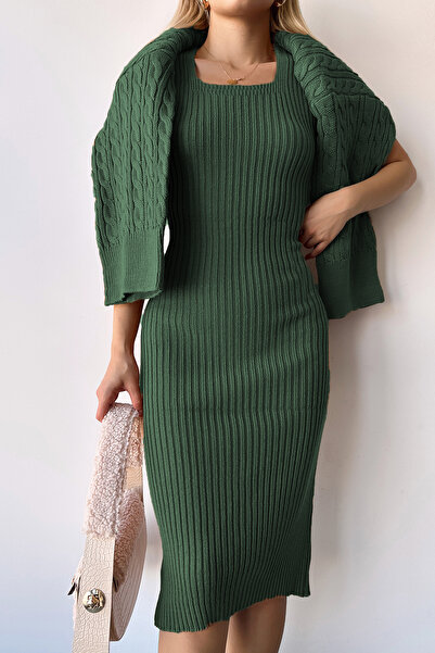 bacc Σετ φόρεμα για πουλόβερ και πλεκτά χακί με πλεκτό μοτίβο Crop - BC231004
