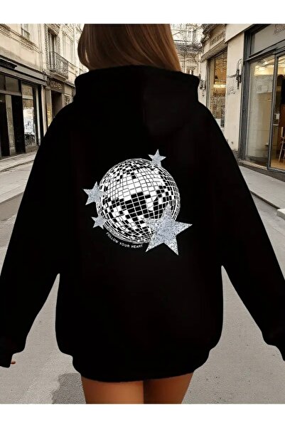 FUFLUNS سويت شيرت بقلنسوة كبير الحجم للجنسين مطبوع عليه نجوم وكرة ديسكو