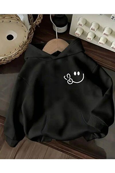 FUFLUNS سويت شيرت بقلنسوة كبير الحجم مطبوع عليه وجه مبتسم للجنسين