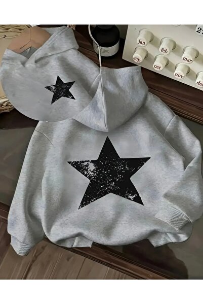 FUFLUNS YILDIZ BASKILI OVERSİZE KAPÜŞONLU SWEATSHİRT