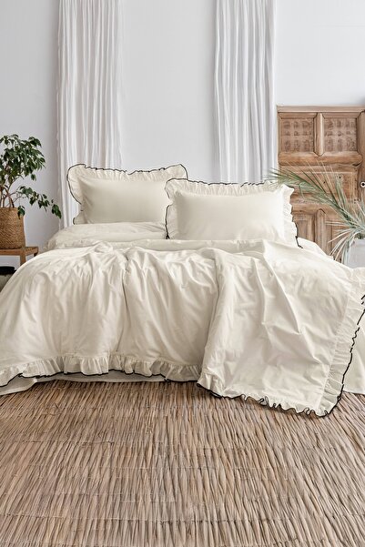 BESTİNA GOLD Double Duvet Cover Set 100% Cotton Ornamental Overlocked Ruffles