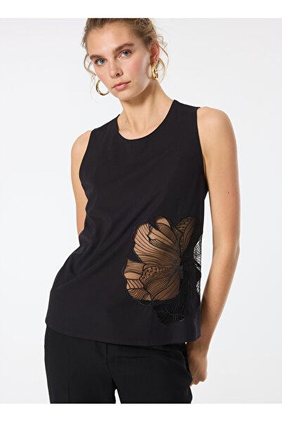 Sisley Women's Black Viscose Blended Front Embroidery Motif Crew Neck Sleeveless Top