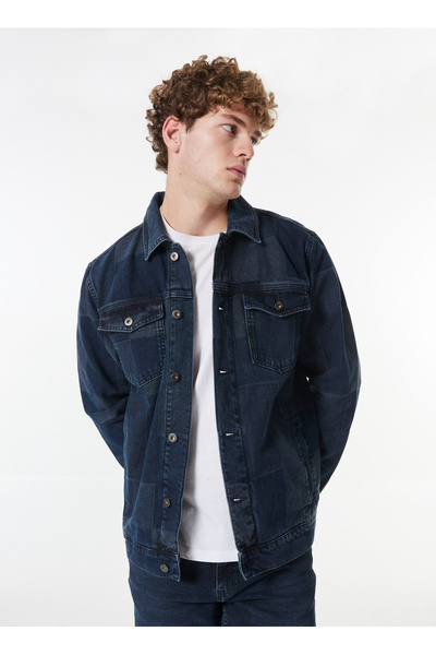 Mustang Dik Yaka Yıkamalı Desen Lacivert Erkek Denim Ceket M4WM-CKT-1661