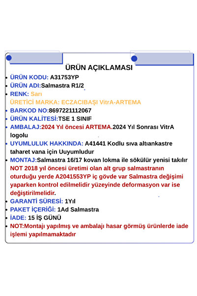 Artema A31753YP Stop valf salmastra Ankastre vana için