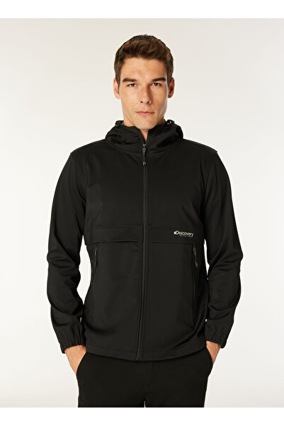 Discovery Expedition Siyah Erkek Kapüşon Yaka Relaxed Fit Baskılı Yağmurluk D...