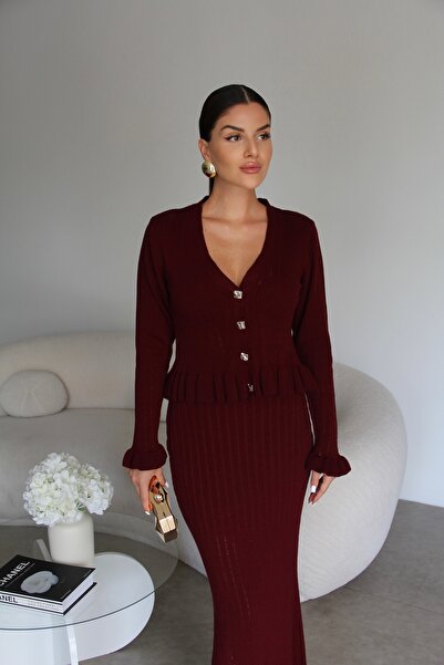 Julidress Burgundy Button Detailed V-Neck Cardigan and Maxi Long Skirt Premium Knitwear Set