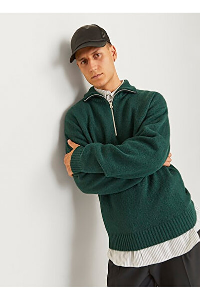 Jack & Jones Dik Yaka Relaxed Koyu Yeşil Erkek Kazak 12241817_JOROLLIE KNIT HALF ZIP SN