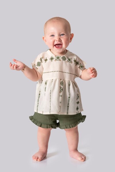 Minimus Baby Girl Summer Şile Diaper Set – Ruffle Detailed Shorts, Short Sleeve Cotton Top Children's Set