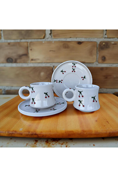 İlbay Çini Takı طقم أكواب سيراميك بنقشة الكرز للأطفال - لشخصين، قهوة تركية