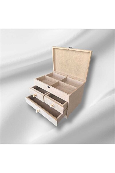 SEKAY AHŞAP Ahşap boyanabilir- ham MDF- 3 çekmeceli-4bölmeli klipsli dekoratif organizer kutu