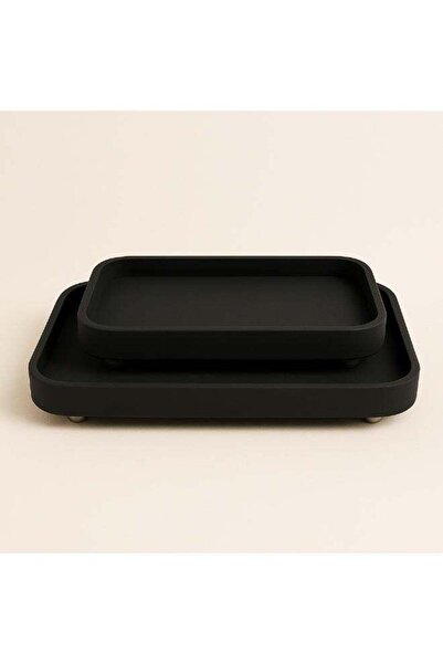 package home Rectangular Suede Decorative Tray Set Black Matte with Metallic Legs (2 Pieces)