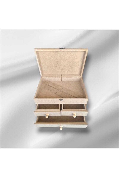 SEKAY AHŞAP Ahşap boyanabilir- ham MDF- 3 çekmeceli-4bölmeli klipsli dekoratif organizer kutu