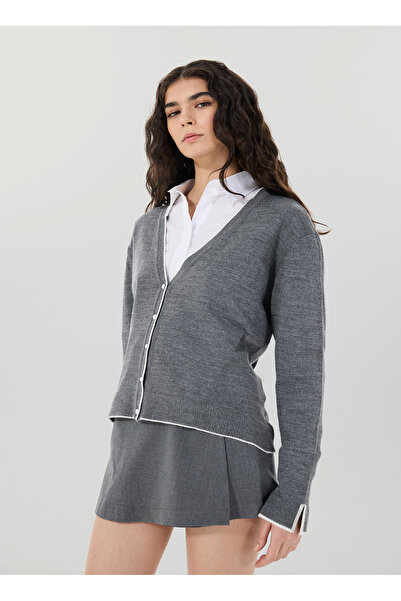 People By Fabrika Gri Kadın V Yaka Basic Hırka PBF4WL-HRK5002