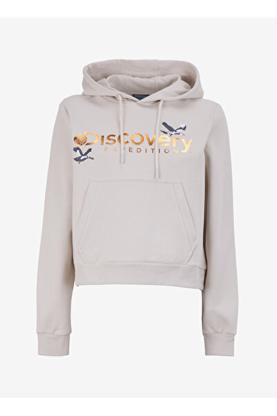 Discovery Expedition Açık Bej Kadın Kapüşonlu Crop Nakışlı Sweatshirt D4WL-SWT3071