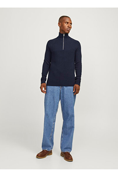 Jack & Jones Dik Yaka Regular Fit Lacivert Erkek Kazak 12258473_JJPANNEL KNIT...