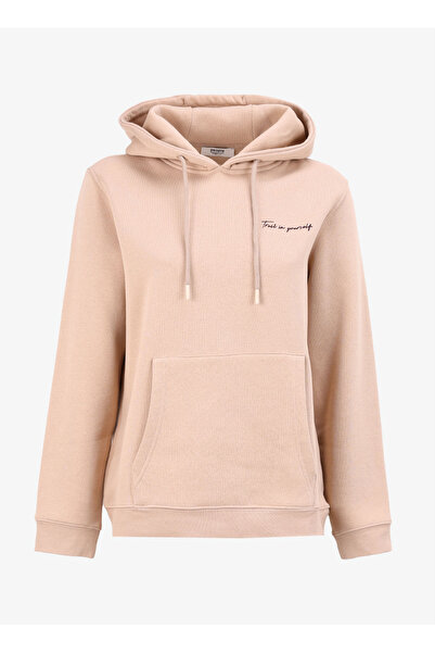 People By Fabrika Kapüşon Yaka Baskılı Bej Kadın Sweatshırt PBF4WL-SWT5630