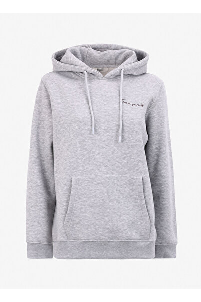 People By Fabrika Gri Melanj Kadın Kapüşon Yaka Relaxed Baskılı Sweatshirt PB...