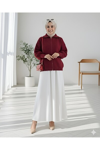 Modamorfo Half-Thigh Zippered Knit Cardigan - Burgundy