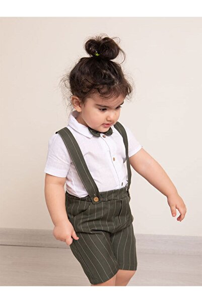 Mika Bebek & Çocuk Khaki Striped Fabric Baby Boy Summer Salopet with Bow Tie Eid Suit