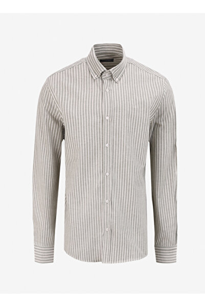 Fabrika Basic Düğmeli Yaka Çizgili Haki Erkek Gömlek F4WM-GML 2830