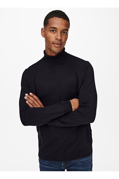 Only & Sons Pulover pentru bărbați cu guler vertical, obișnuit, simplu, negru ONSWYLER LIFE REG 14 ROLL KNIT NOOS