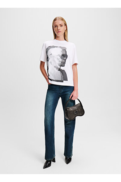 Karl Lagerfeld Jeans Yuvarlak Yaka Baskılı Beyaz Kadın T-Shirt 246J1707