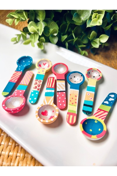 ByBastik 6-Piece Colorful Spice Spoon - Mini Wooden Spoon Set - Handmade - Hand Drawn Bamboo Spoon - Mumbastik