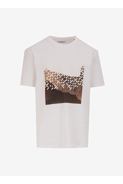 Mustang Bisiklet Yaka Baskılı Ekru Erkek T-Shirt M4WM-TST-1574