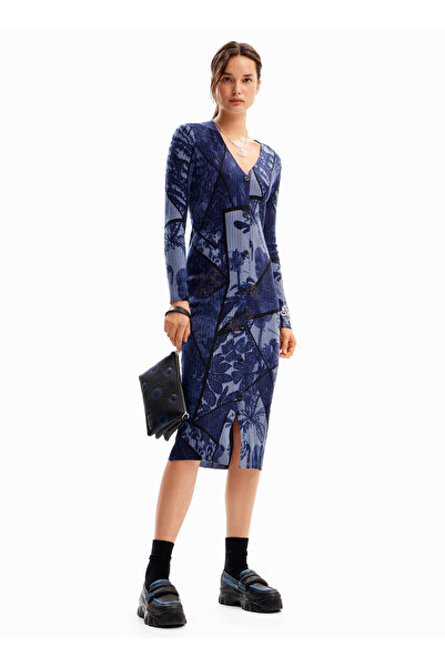 Desigual Yuvarlak Yaka Desenli Lacivert Diz Altı Kadın Elbise 24WWVF03